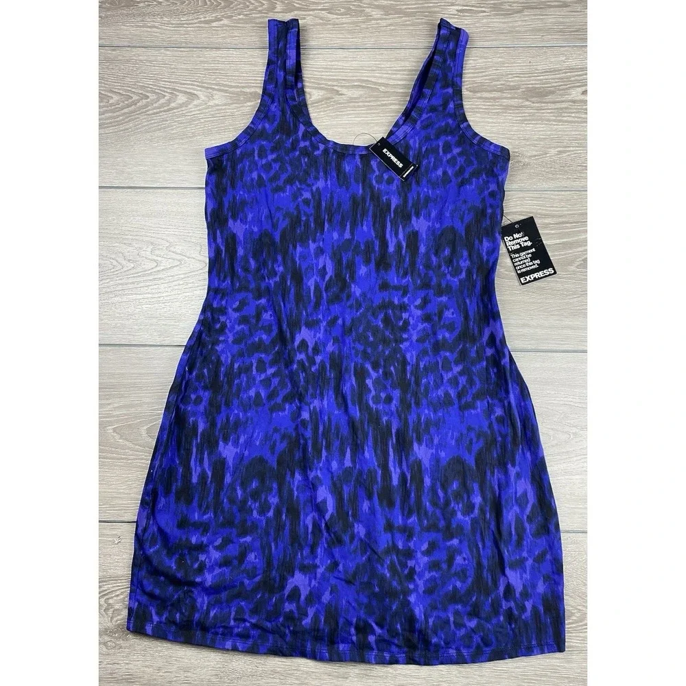 Express Women's Sleeveless Leopard Print‎ Mini Dress Tank Blue Black Large New